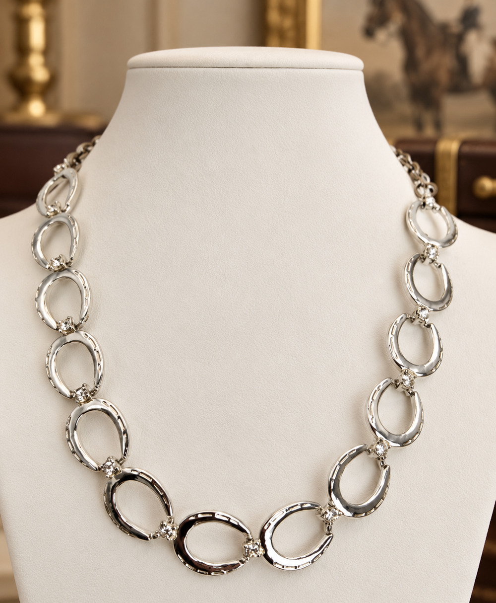 Vintage Horseshoe Link Necklace Silver Tone Rhinestone Equestrian Western Collar